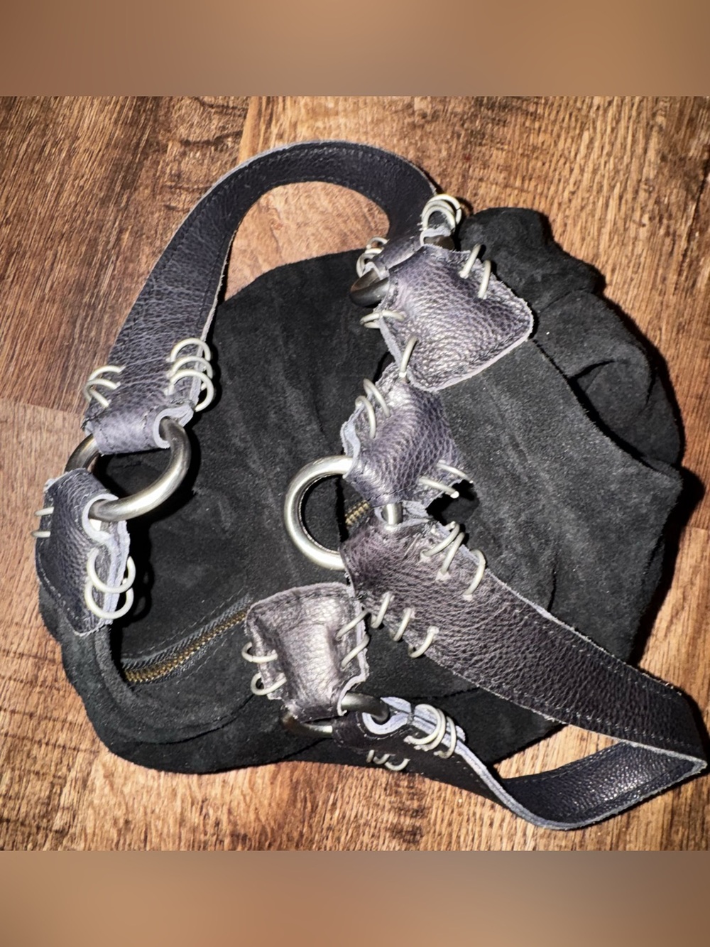Few People Black Suede Shoulder Bag with Leather Straps EUC